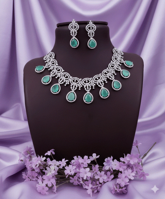 Ocean Serenity Luxury CZ Intimate Jewelry Set | Aqua Seafoam Teardrop Wedding Necklace & Earrings | Premium Bridal & Resort Jewelry