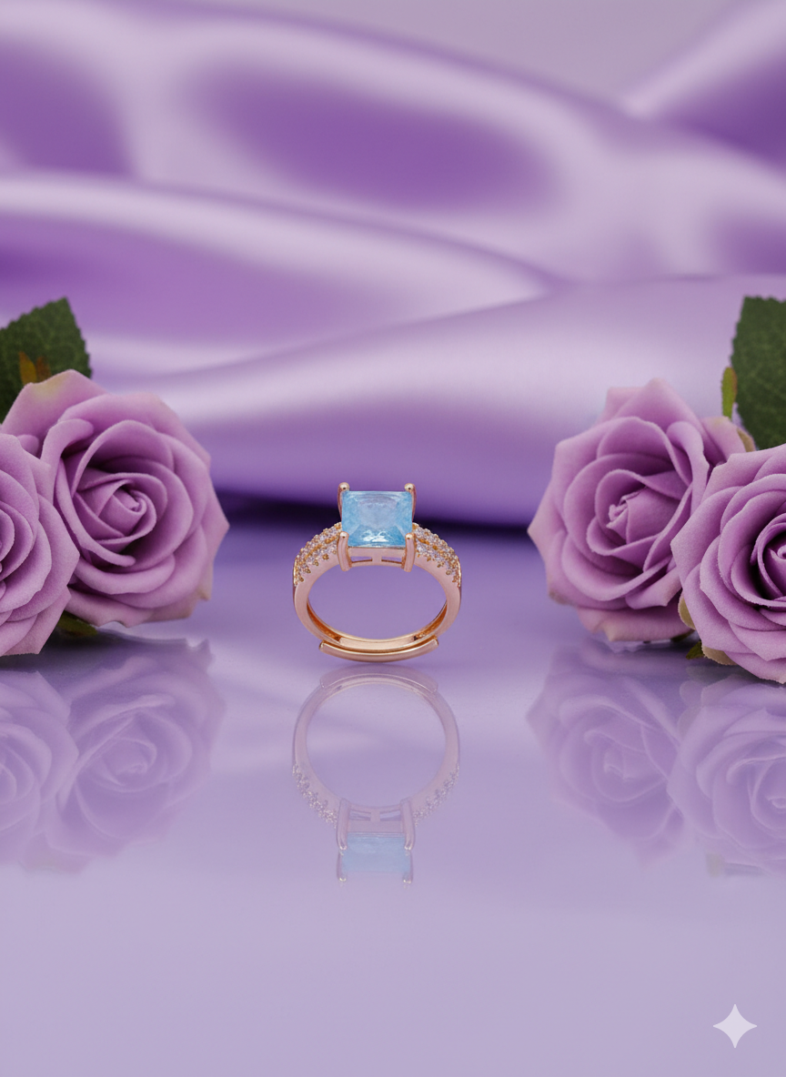Sky Blue Topaz Color Emerald Cut Ring | Rose Gold Tone CZ Pave Band | Dainty Birthstone Style Gift