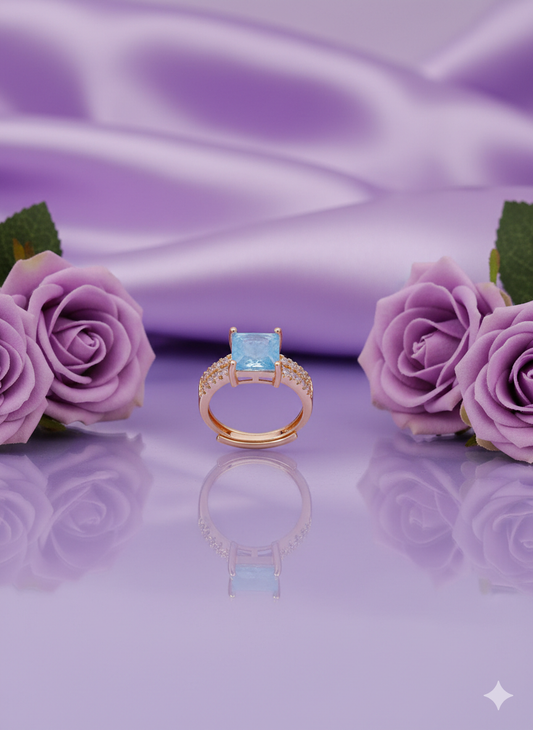 Sky Blue Topaz Color Emerald Cut Ring | Rose Gold Tone CZ Pave Band | Dainty Birthstone Style Gift