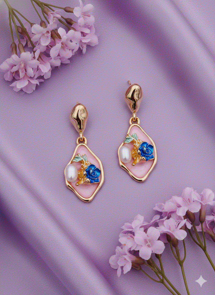 Intimate Jewelry | Charming Pink Enamel Blue Rose Drop Earrings | Luxury Gold-Tone Pearl Danglers | Unique Bridal & Wedding Guest Fashion Jewelry