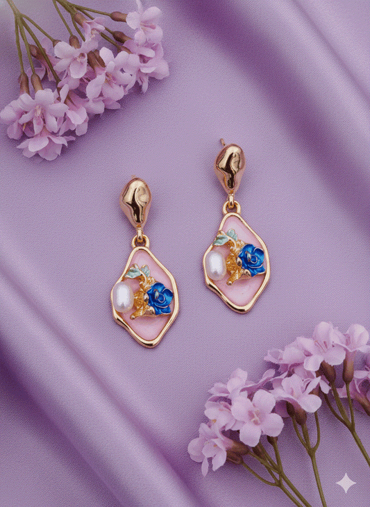 Intimate Jewelry | Charming Pink Enamel Blue Rose Drop Earrings | Luxury Gold-Tone Pearl Danglers | Unique Bridal & Wedding Guest Fashion Jewelry