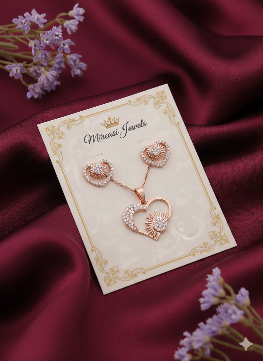Rose Gold Plated Heart & Sunburst Necklace and Earrings Set | CZ Diamond Jewelry Gift