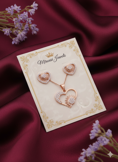 Rose Gold Plated Heart & Sunburst Necklace and Earrings Set | CZ Diamond Jewelry Gift