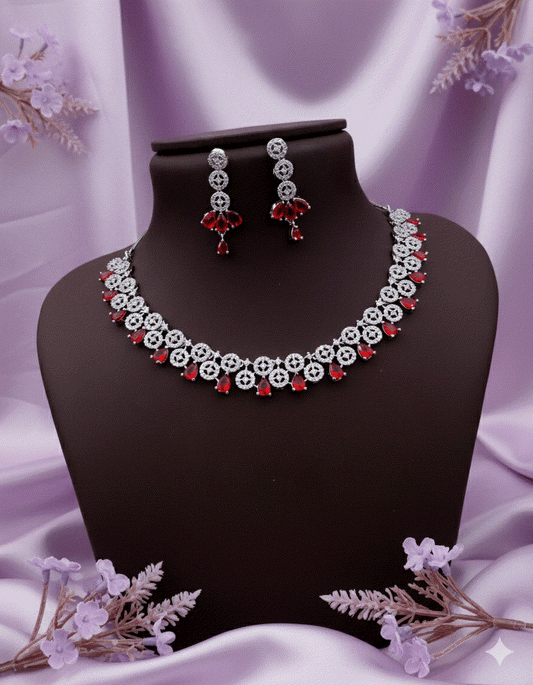 Crimson Elegance Luxury CZ Intimate Jewelry Set | Ruby Red Teardrop Wedding Necklace & Dangler Earrings | Anti-Tarnish Party & Bridal Collection