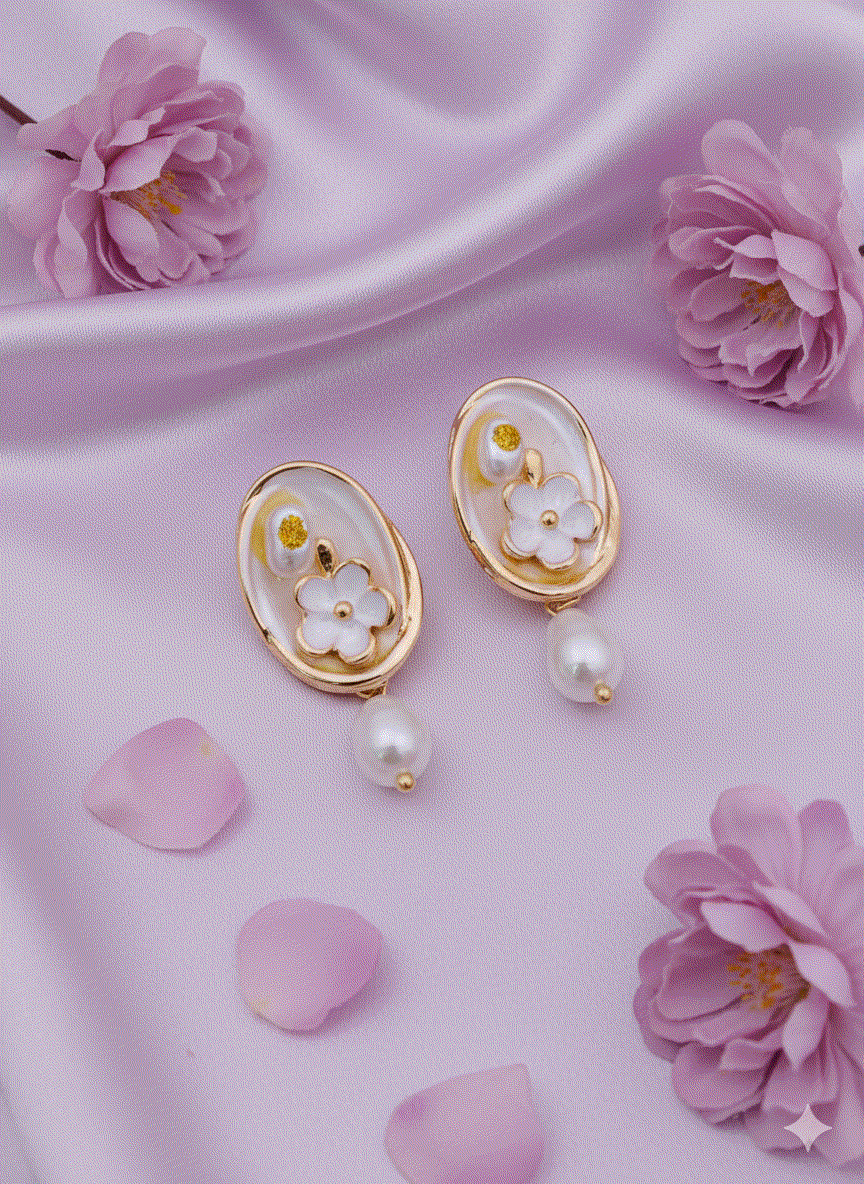 Intimate Jewelry | Elegant Shell Enamel Floral & Pearl Drop Earrings | Luxury Gold-Tone Baroque Danglers | Designer Bridal & Wedding Guest Jewelry