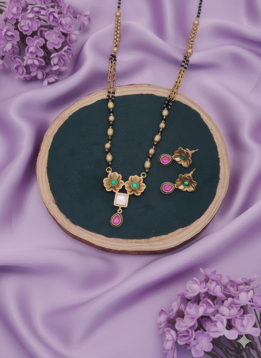 Floral Devotion Intimate Jewelry Mangalsutra Set – Traditional Matte Gold Wedding Necklace with Mother-of-Pearl Accent - Miraasi Jewels