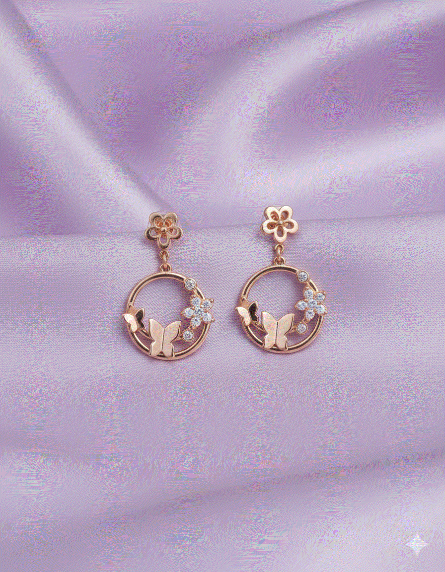 Whimsical Butterfly & Floral CZ Intimate Jewelry Drop Earrings | Rose Gold Wedding Necklace Set Alternative for Garden Parties & Gifts