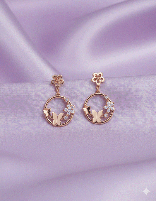 Whimsical Butterfly & Floral CZ Intimate Jewelry Drop Earrings | Rose Gold Wedding Necklace Set Alternative for Garden Parties & Gifts