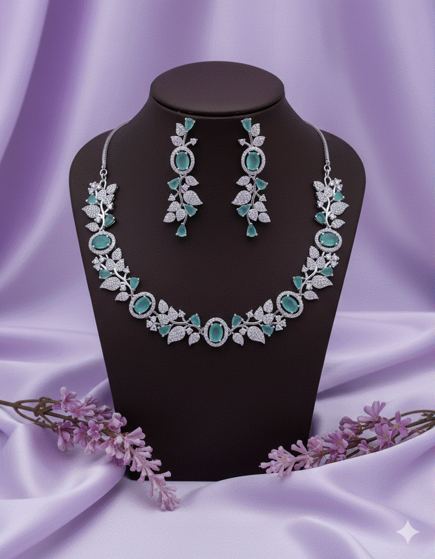 Intimate Jewelry Aqua Teal CZ Bridal Necklace Set | Luxury Wedding & Formal Gala Accessories