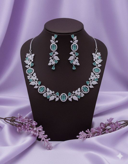 Intimate Jewelry Aqua Teal CZ Bridal Necklace Set | Luxury Wedding & Formal Gala Accessories