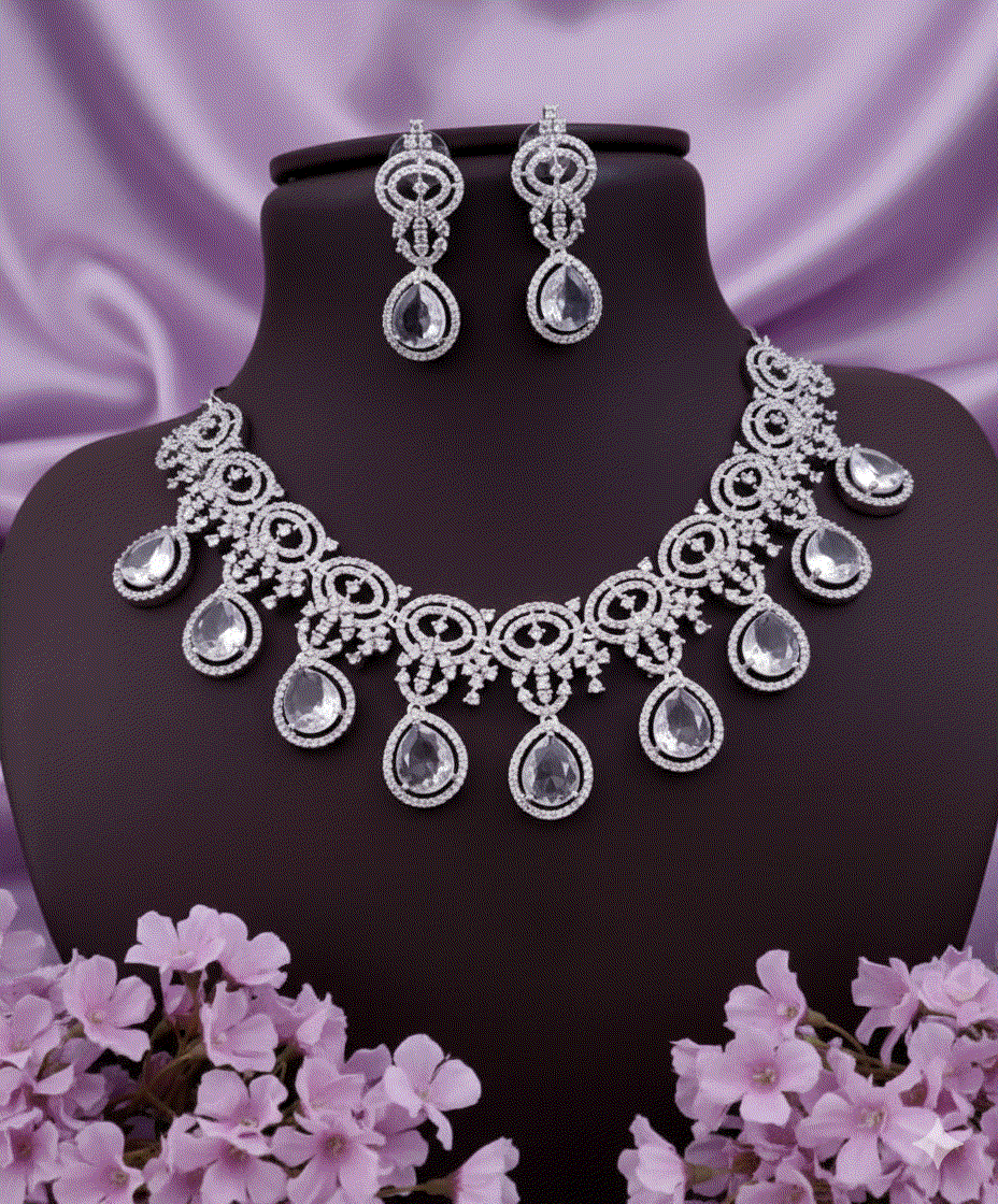 Diamond Dream Luxury CZ Intimate Jewelry Set | Clear Teardrop Wedding Necklace & Chandelier Earrings | Timeless Bridal Jewelry Collection