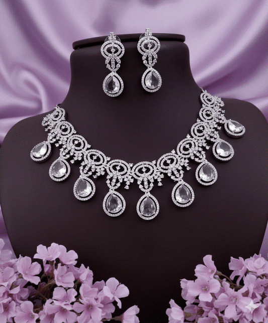 Diamond Dream Luxury CZ Intimate Jewelry Set | Clear Teardrop Wedding Necklace & Chandelier Earrings | Timeless Bridal Jewelry Collection