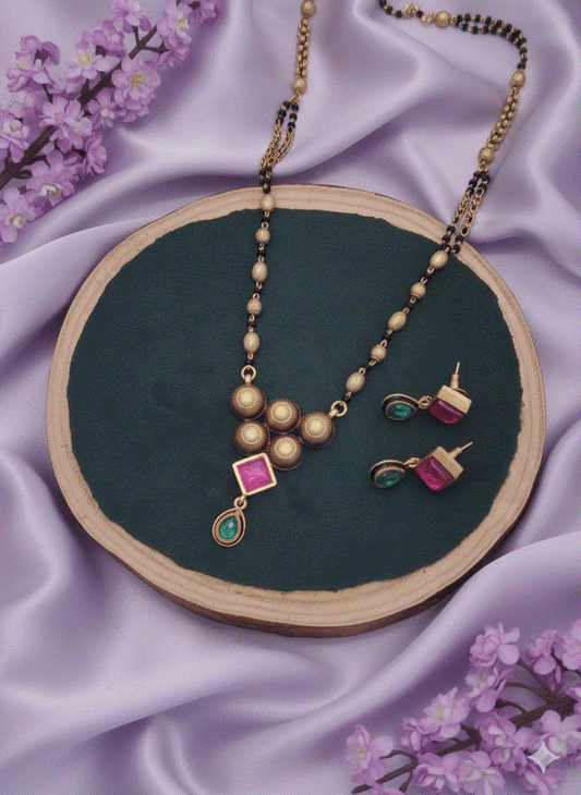 Geometric Glamour Intimate Jewelry Mangalsutra Set – Modern Gold-Tone Wedding Necklace with Dual-Tone Stones - Miraasi Jewels