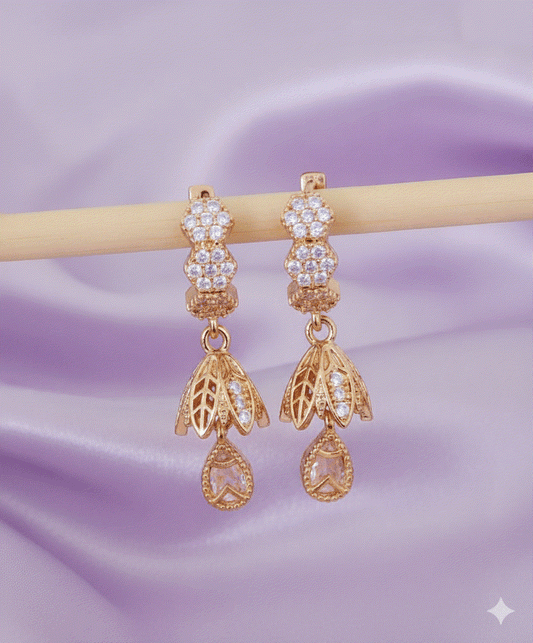 Golden Bloom Intimate Dangle Earrings - Luxury CZ Floral Bell Drop Earrings - Feminine Wedding & Garden Party Jewelry