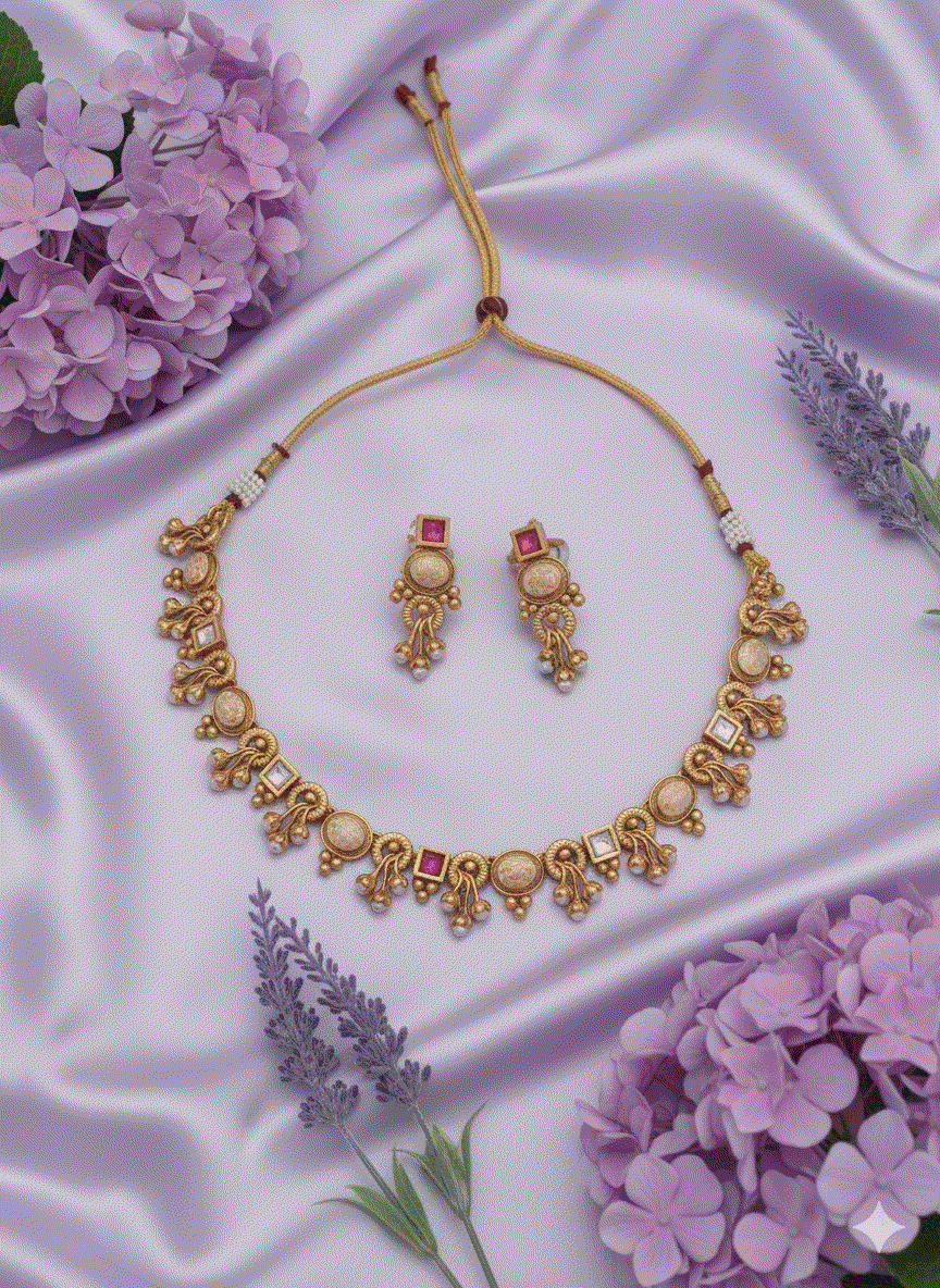 Heritage intimate jewelry matte gold plated kundan-look choker necklace set with ruby and beige enamel stones and matching earrings on satin background