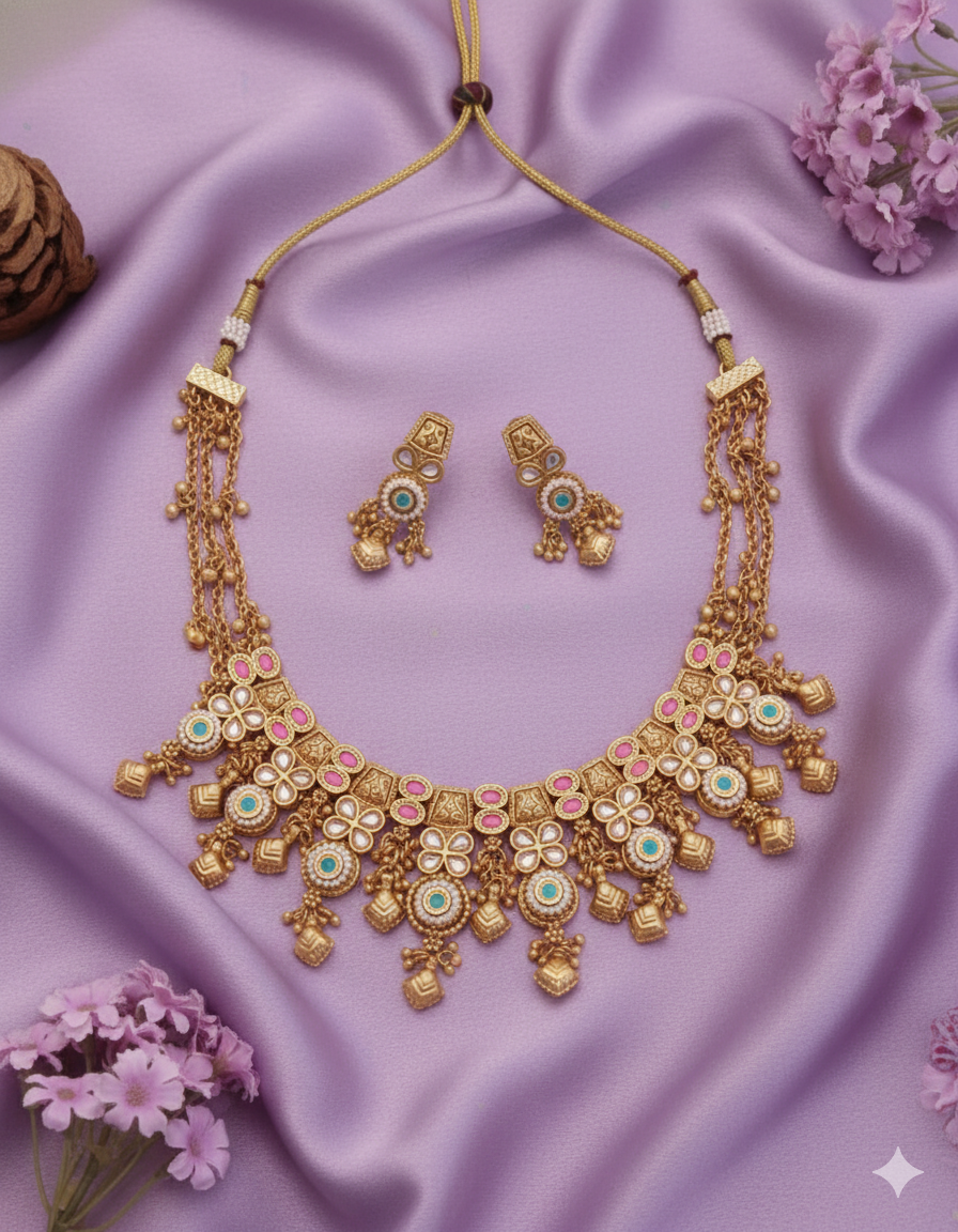 Antique Gold Finish Temple Jewelry Choker Set | Pink & Turquoise Meenakari Necklace with Jhumka Earrings
