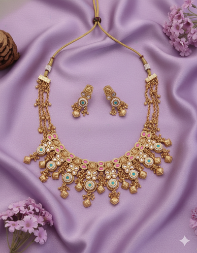 Antique Gold Finish Temple Jewelry Choker Set | Pink & Turquoise Meenakari Necklace with Jhumka Earrings