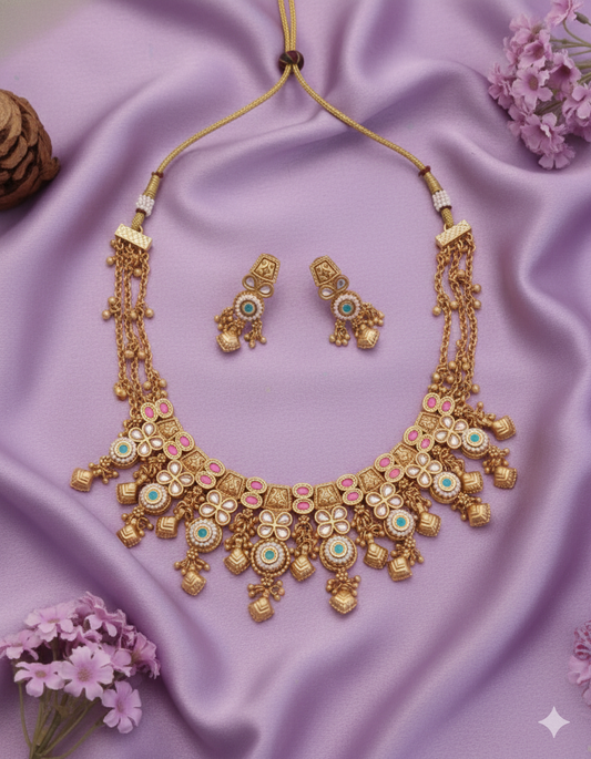 Antique Gold Finish Temple Jewelry Choker Set | Pink & Turquoise Meenakari Necklace with Jhumka Earrings
