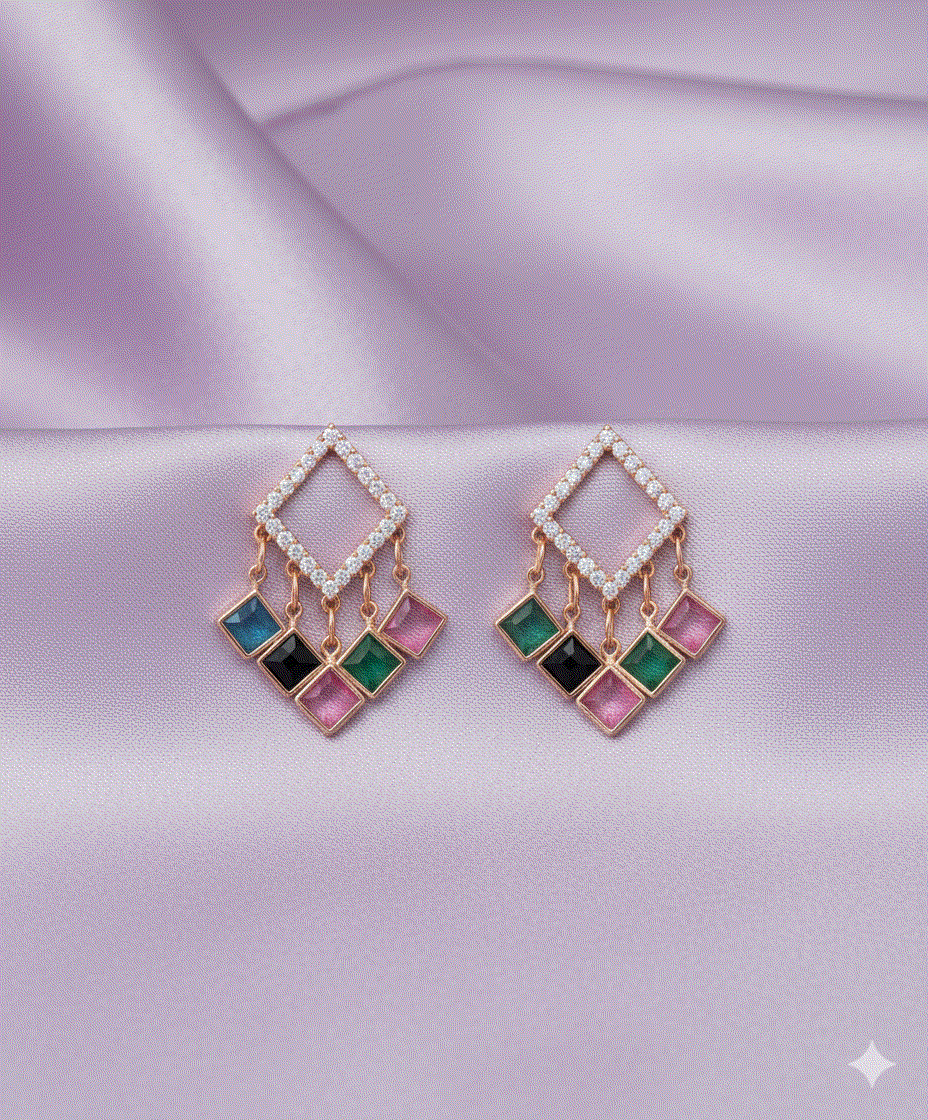 Kaleidoscope Glam Intimate Dangle Earrings - Rose Gold Multi-Color Gemstone & CZ Earrings - Bold Statement Jewelry for Party & Cocktail