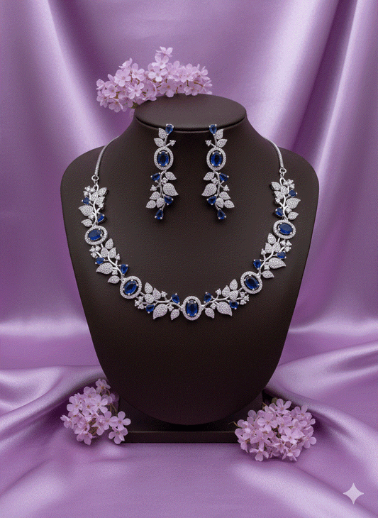 Luxury CZ Blue Sapphire Leaf Wedding Necklace Set | Intimate Bridal & Gala Jewelry