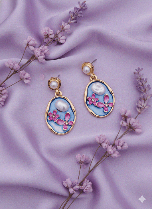 Intimate Jewelry | Enchanting Sky Blue Enamel Pink Floral Drop Earrings | Luxury Gold-Tone Irregular Pearl Danglers | Designer Bridal & Wedding Guest Fashion Jewelry