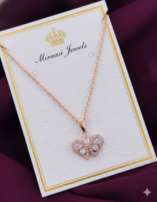 Multi-Cut Cubic Zirconia Butterfly Necklace | Rose Gold Tone Dainty Pendant | Elegant Anniversary Gift