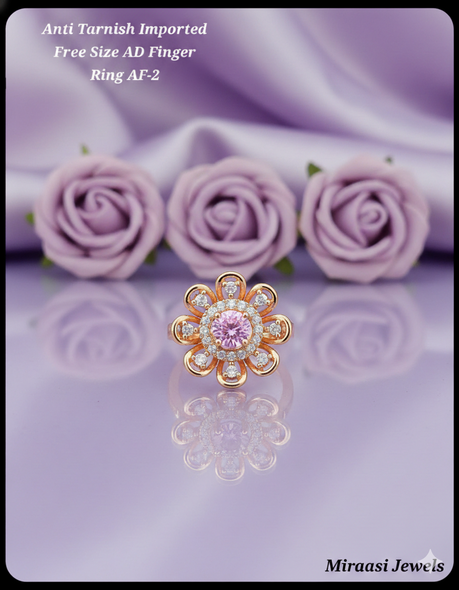 Pink & White AD Flower Ring | Rose Gold Tone Anti Tarnish Free Size | American Diamond Floral Jewelry