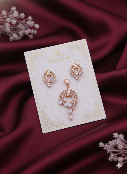 Rose Gold Teardrop CZ Pendant & Dangling Stud Earrings Set | Elegant Sparkle Jewelry