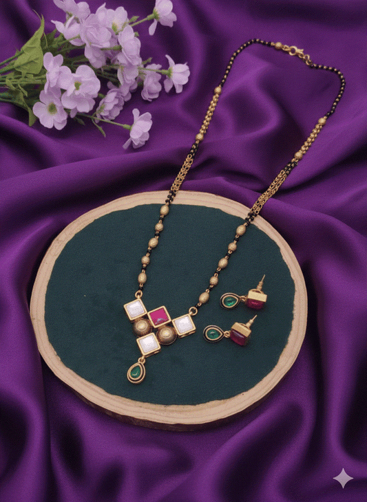 Vibrant multi-color gemstone CZ choker necklace and matching stud earrings on green and purple background