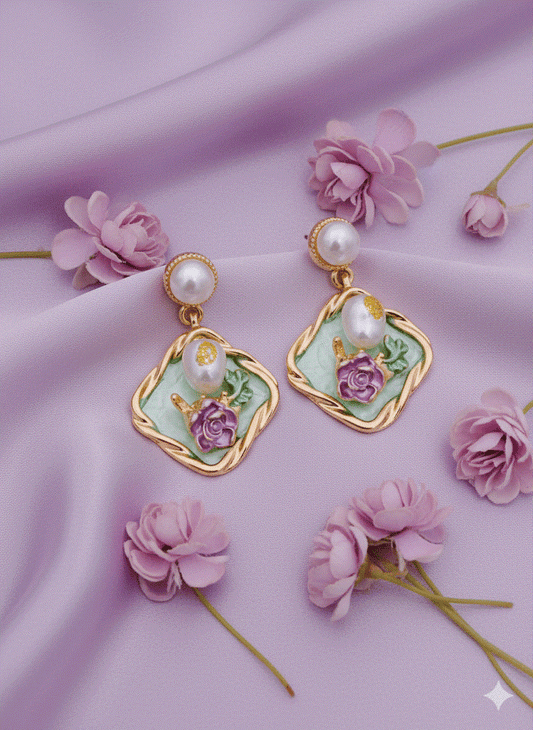 Intimate Jewelry | Elegant Lavender Enamel Rose Drop Earrings | Luxury Gold-Tone Pearl Danglers | Vintage Floral Bridal Jewelry for Weddings & Parties
