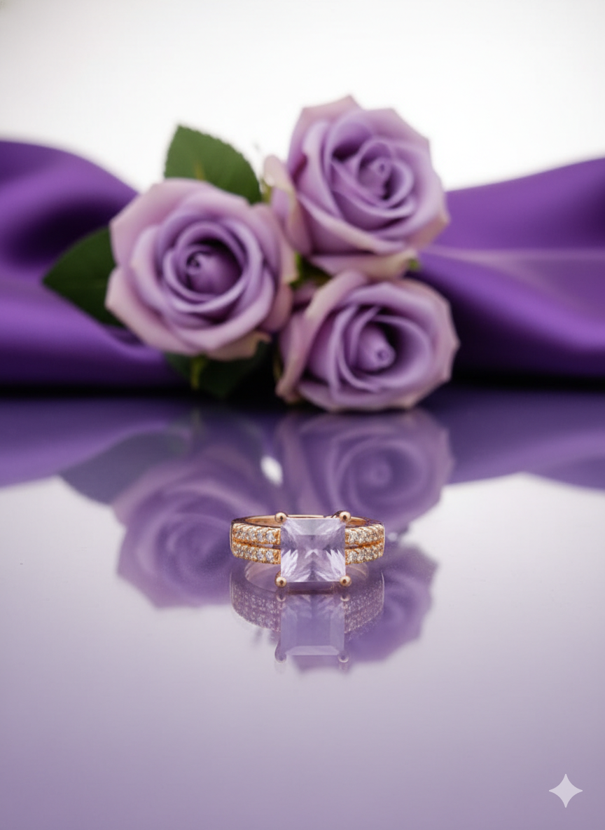 Lavender Cushion Cut Ring with Rose Gold CZ Pave Band | Amethyst Color Statement Jewelry | Engagement Style Gift