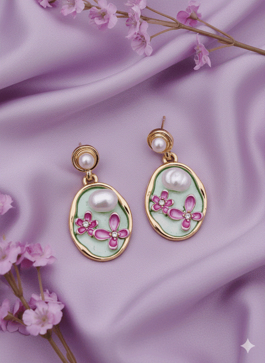Intimate Jewelry | Charming Mint Green Enamel Pink Floral Drop Earrings | Luxury Gold-Tone Irregular Pearl Danglers | Unique Bridal & Wedding Guest Fashion Jewelry