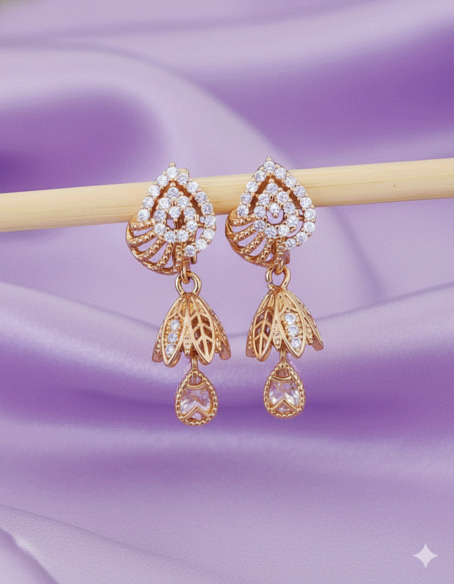 Traditional Jhumka Inspired Luxury CZ Intimate Jewelry Drop Earrings | Rose Gold Bridal Wedding Necklace Set Complement for Sangeet & Festive Wear