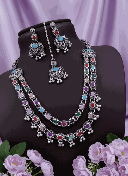 Vibrant Oxidized Multi-Color Stone Long Necklace Set | Intimate Ethnic Bridal Jewelry | Bohemian Maang Tikka & Earrings - Miraasi Jewels