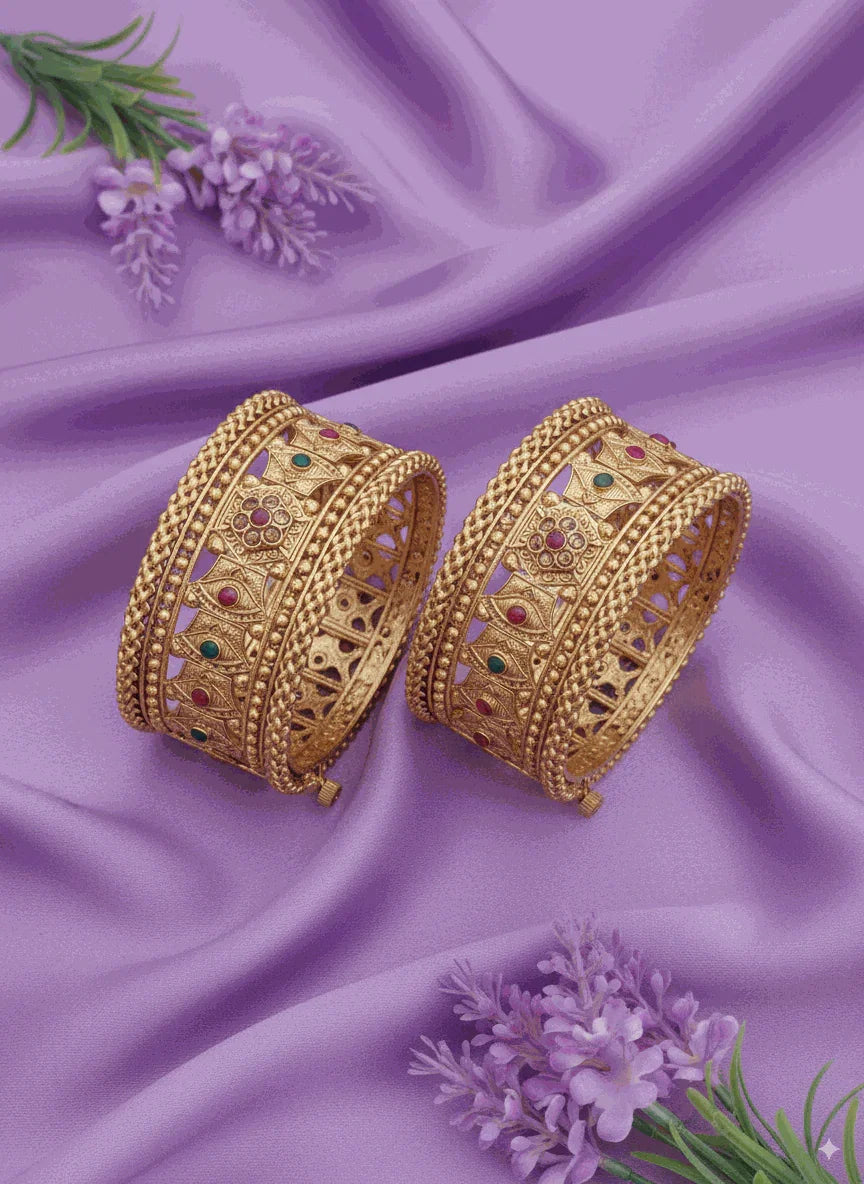 Grand Intimate Jewelry Antique Gold Plated Bangle Set | Luxury Matte Finish Kundan-Look Bridal Kadas | Traditional Wedding Jewelry for Women - Miraasi Jewels