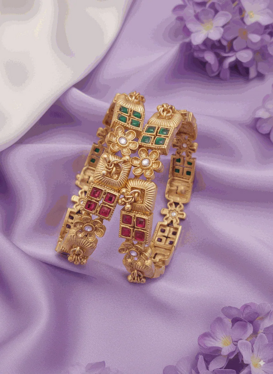 Unique Intimate Jewelry Link Bangle Set | Luxury Matte Gold Plated Ruby & Emerald Wedding Kadas | Geometric Bridal Jewelry for Women - Miraasi Jewels
