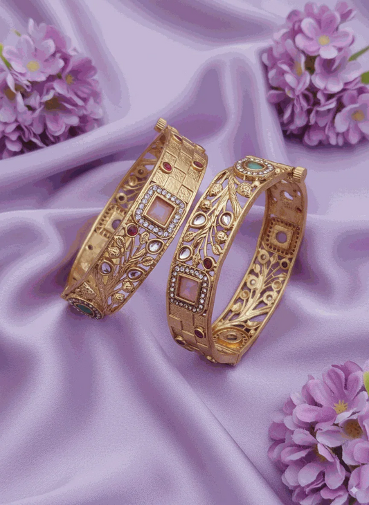Artisan Intimate Jewelry Hinged Bangle Set | Luxury Antique Gold Plated Filigree & Kundan-Look Wedding Kadas | Statement Bridal Jewelry - Miraasi Jewels
