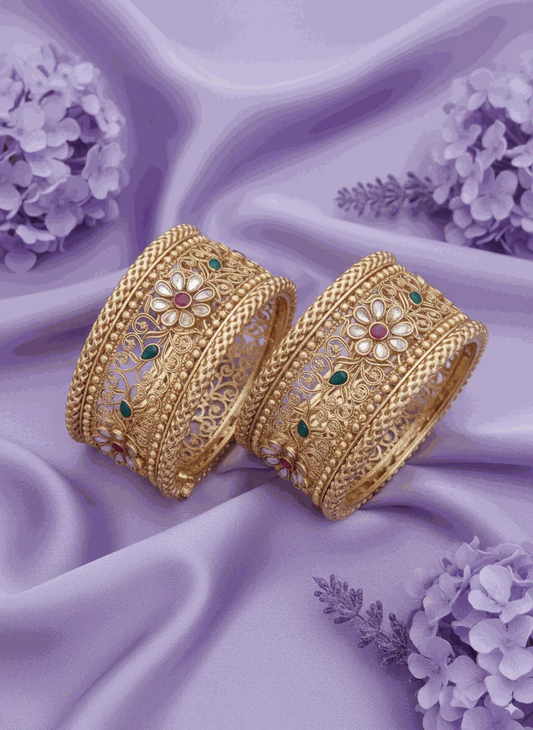Heirloom Intimate Jewelry Wide Bangle Set | Luxury Filigree Polki-Look Wedding Kadas | Grand Antique Gold Plated Bridal Jewelry for Women - Miraasi Jewels
