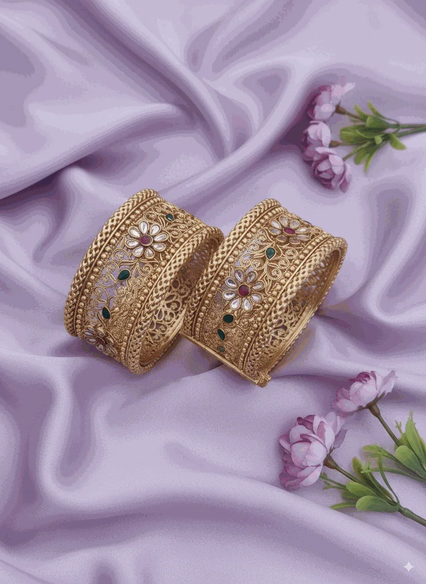 Grand Intimate Jewelry wide antique matte gold plated bridal bangles with Polki-look CZ floral design on purple silk background