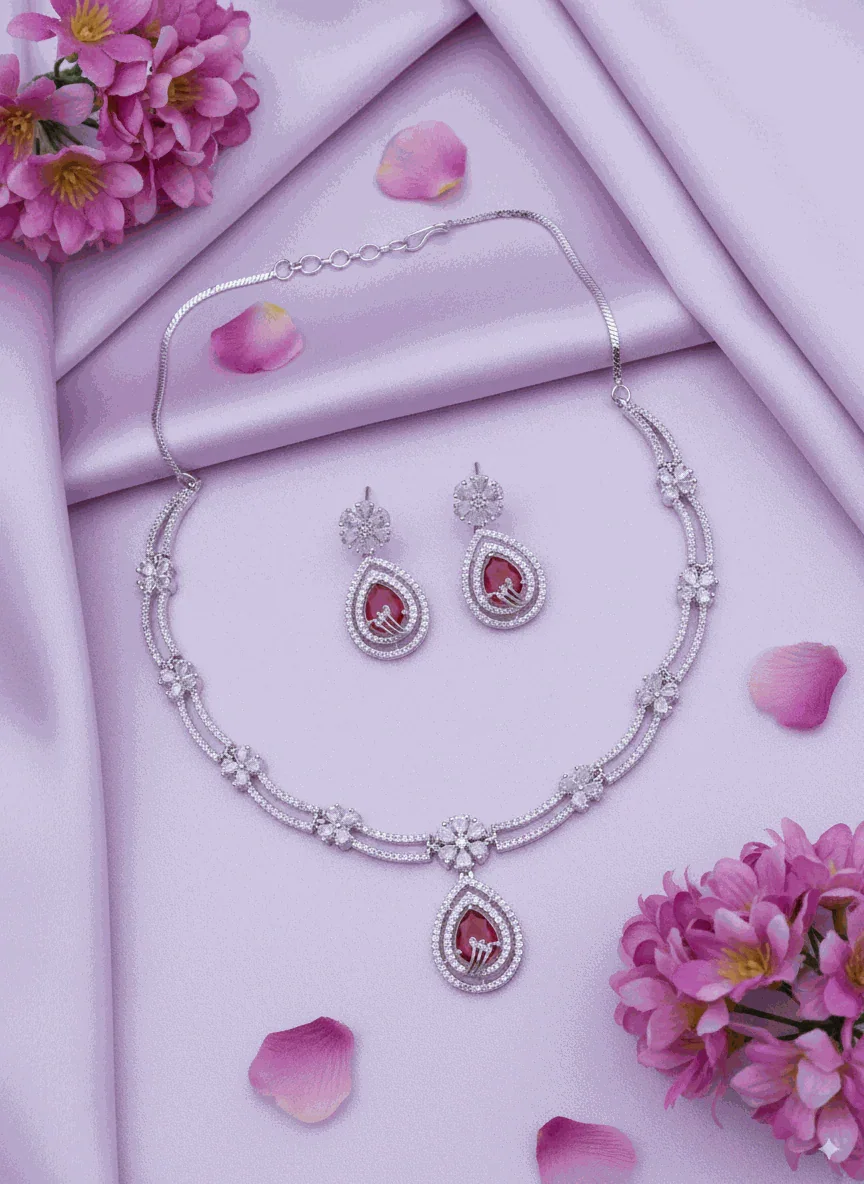 Elegant Ruby Red & CZ Teardrop Wedding Necklace Set | Intimate Bridal Jewelry | Luxury Anti-Tarnish Party Wear - Miraasi Jewels