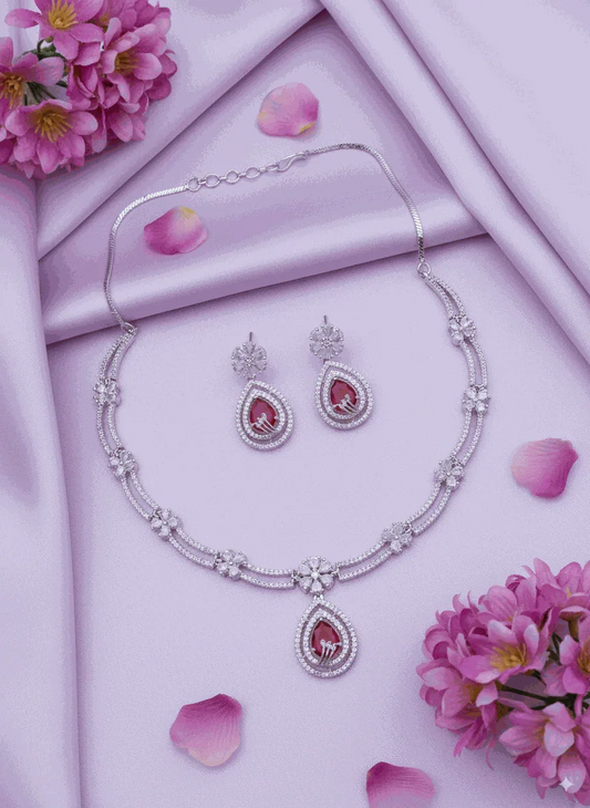 Elegant Ruby Red & CZ Teardrop Wedding Necklace Set | Intimate Bridal Jewelry | Luxury Anti-Tarnish Party Wear - Miraasi Jewels