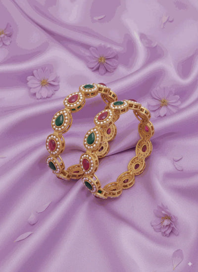 Grand Intimate Jewelry luxury Polki-look CZ floral wide bangle set in antique matte gold plating on purple silk background