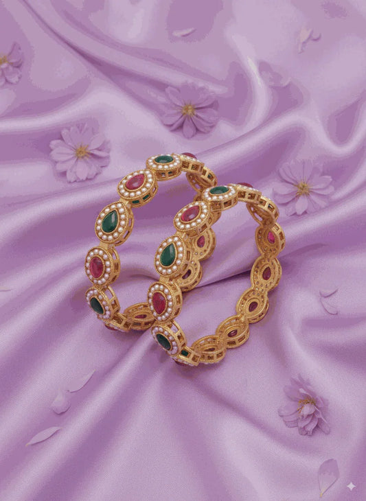 Grand Intimate Jewelry luxury Polki-look CZ floral wide bangle set in antique matte gold plating on purple silk background