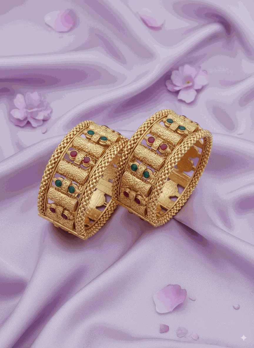 Opulent Intimate Jewelry gold-plated bridal bangles with ruby and emerald Kundan-style gemstones on satin background