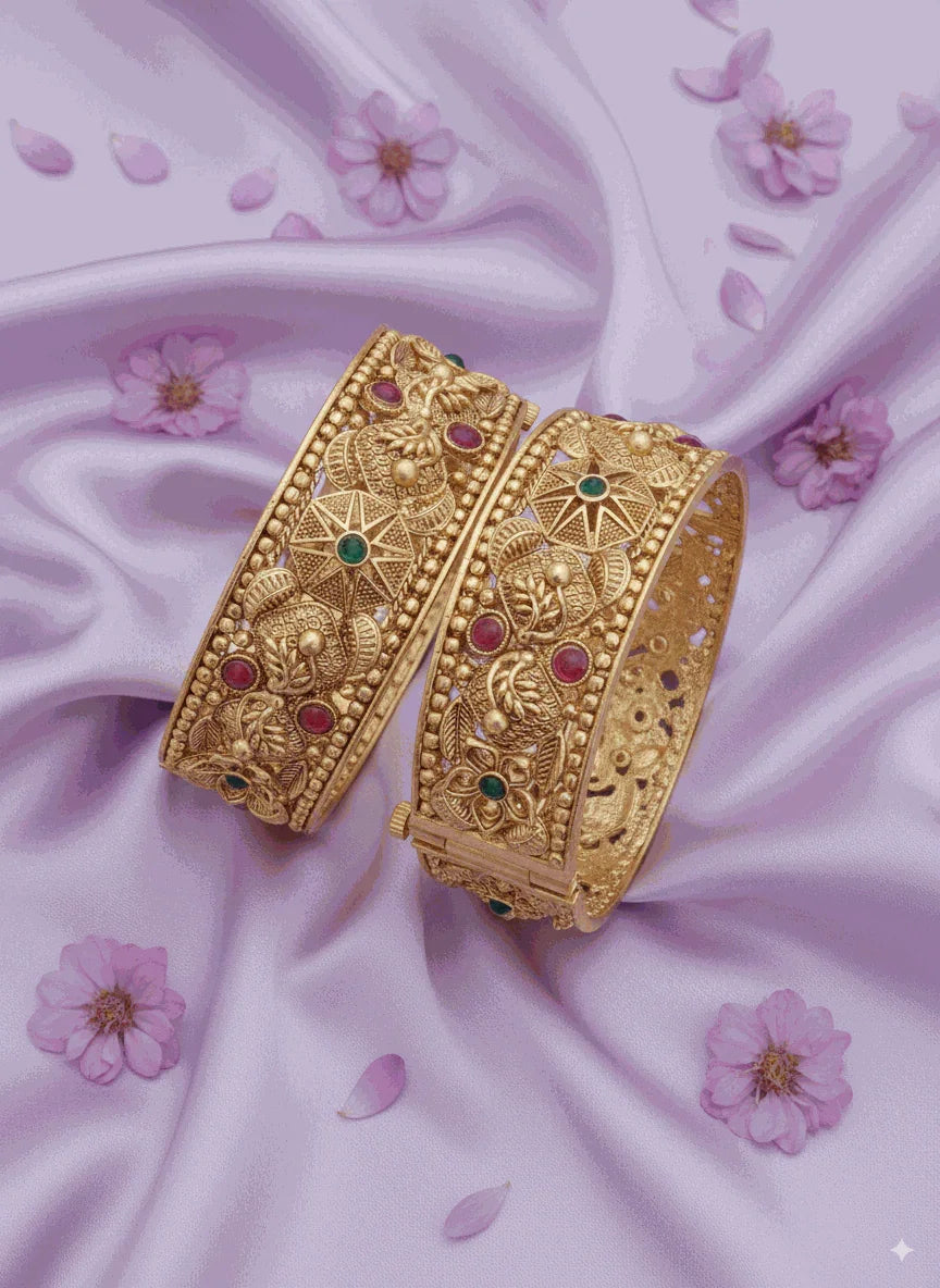 Regal Intimate Jewelry gold plated bridal bangle set with ruby, emerald, kundan stones and pearls on lilac fabric