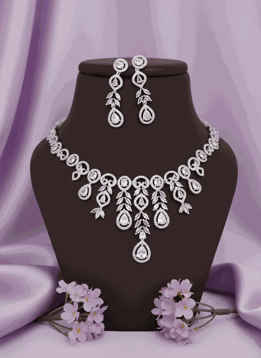 Elegant Waterfall CZ Bridal Necklace Set with matching earrings, diamond-look sparkle, anti-tarnish finish, perfect luxury wedding jewelry