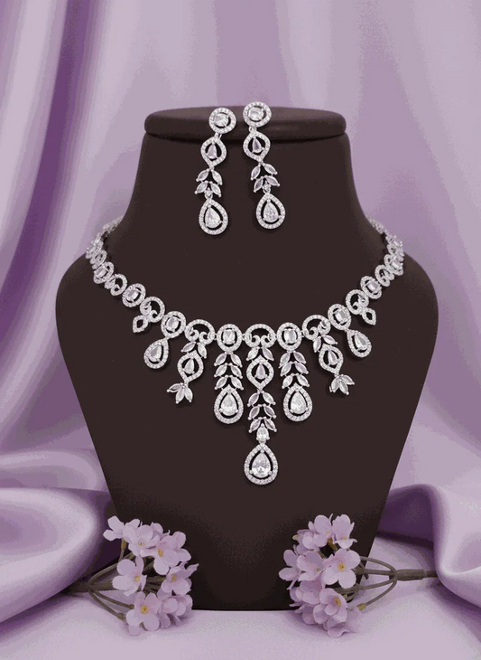 Elegant Waterfall CZ Bridal Necklace Set with matching earrings, diamond-look sparkle, anti-tarnish finish, perfect luxury wedding jewelry
