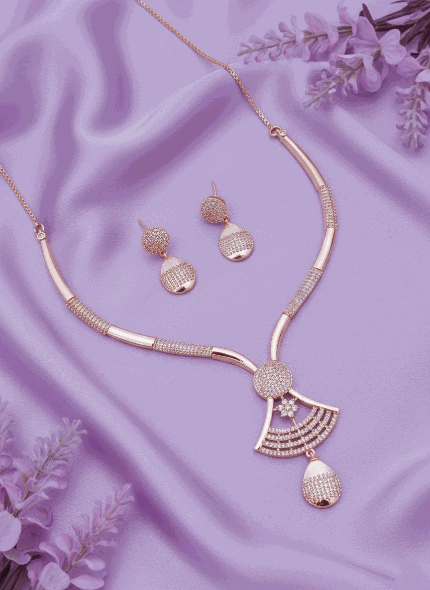 Rose Gold Pave CZ Intimate Wedding Necklace Set | Luxury Contemporary Bridal Jewelry | Anti-Tarnish Gala Wear - Miraasi Jewels