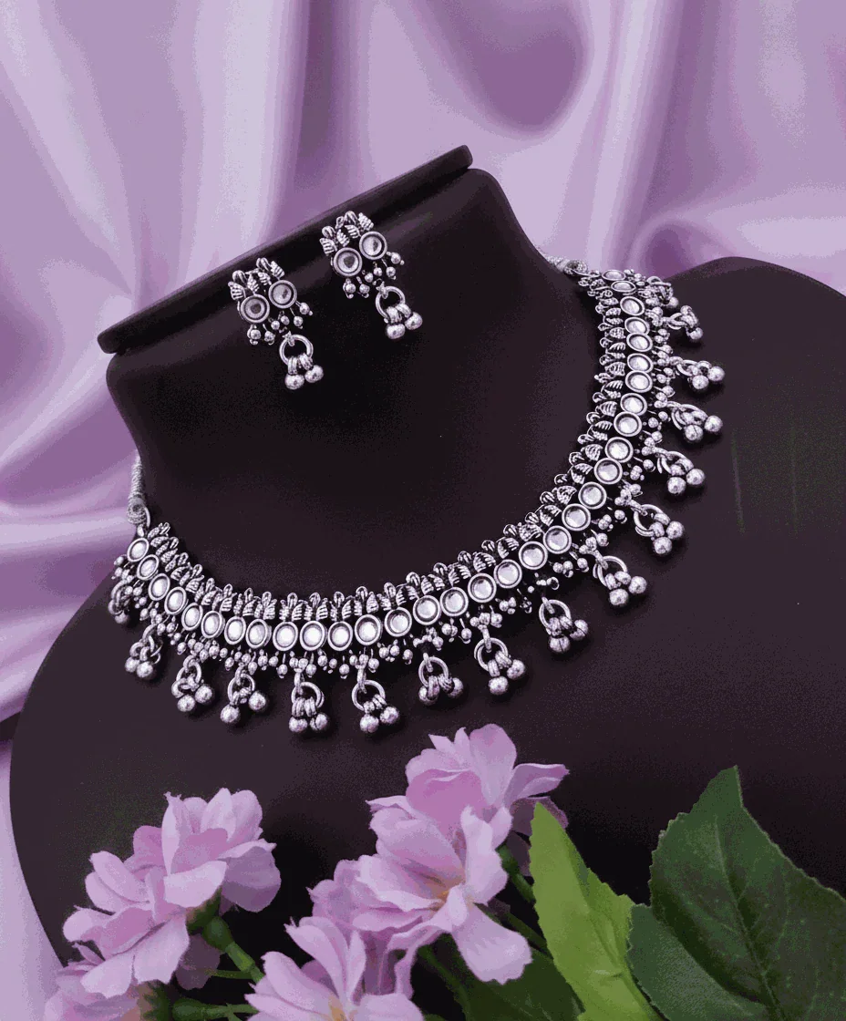 Antique Oxidized Silver Choker Necklace Set | Intimate Ethnic Bridal Jewelry | Bohemian Tribal Jhumka Earrings - Miraasi Jewels