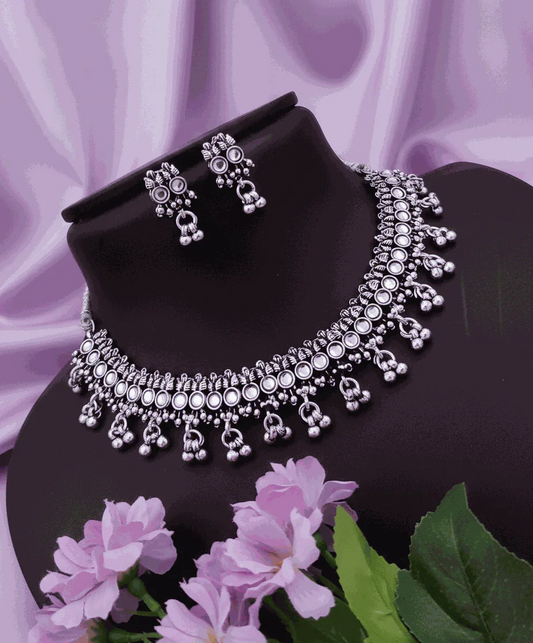 Antique Oxidized Silver Choker Necklace Set | Intimate Ethnic Bridal Jewelry | Bohemian Tribal Jhumka Earrings - Miraasi Jewels
